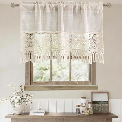 KMSG Boho Linen Curtain Valance for Kitchen Vintage Sheer Valance with Crochet Lace Trim Beige Rustic Farmhouse Cafe Curtains with Tassel Fringe Window Treatment Rod Pocket Top 1 Panel W39 x L20 Inch