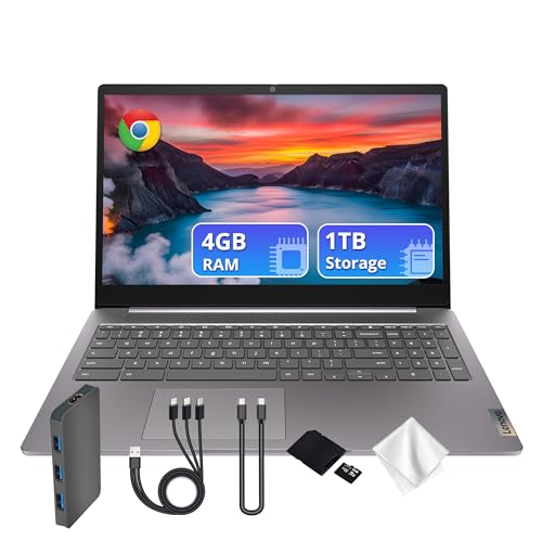 Image of Lenovo IdeaPad 3 15.6 inch FHD Anti-Glare Chromebook, Intel Celeron N4500, 4GB LPDDR4 RAM, 1TB Storage (64GB eMMC & 1TB Docking Station), Intel UHD Graphics, HD Camera, HD Audio, Chrome OS, Grey