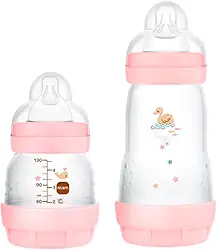 MAM Baby Kit 2 Mamadeiras Easy Start Starter Set Anticólica e Menos Bolhas de Ar, para Crianças 0+ Meses Autoesterilizável e com Bico de Silicone Skinsoft, Rosa