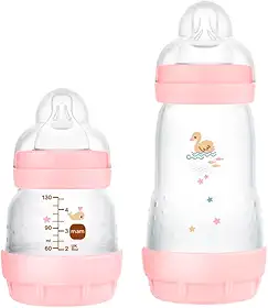 MAM Baby Kit 2 Mamadeiras Easy Start Starter Set Anticólica e Menos Bolhas de Ar, para Crianças 0+ Meses Autoesterilizável e com Bico de Silicone Skinsoft, Rosa