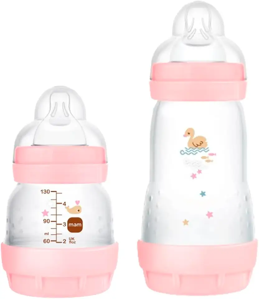 MAM Baby Kit 2 Mamadeiras Easy Start Starter Set Anticólica e Menos Bolhas de Ar, para Crianças 0+ Meses Autoesterilizável e com Bico de Silicone Skinsoft, Rosa