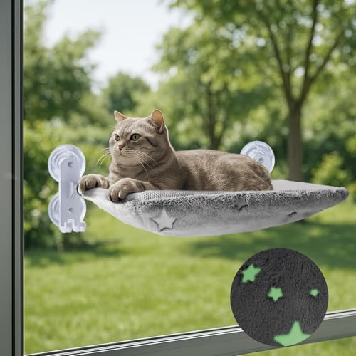 POMESEA Kabelloser Katzensitz am Fenster f¨¹r gro?e Katzen, Leuchtender Katzensack am Fenster mit Haken-Design, Faltbarer, einfach zusammenzubauen...