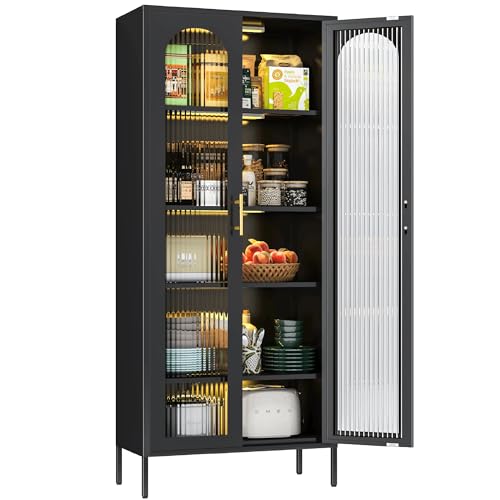71-Kitchen-Pantry-Storage-Cabinet-Metal-Display-Cabinet-with-Glass-Doors-and-Lights-Tall-Storage-Cabinet-with-Adjustable-Shelves-Kitchen-Pantry-Cabinet-for-Dining-Room-Living-Room-Black 71 Kitchen Pantry Storage Cabinet Metal Display Cabinet with Glass Doors and Lights Tall Storage Cabinet with Adjustable Shelves Kitchen Pantry Cabinet for Dining Room Living Room Black