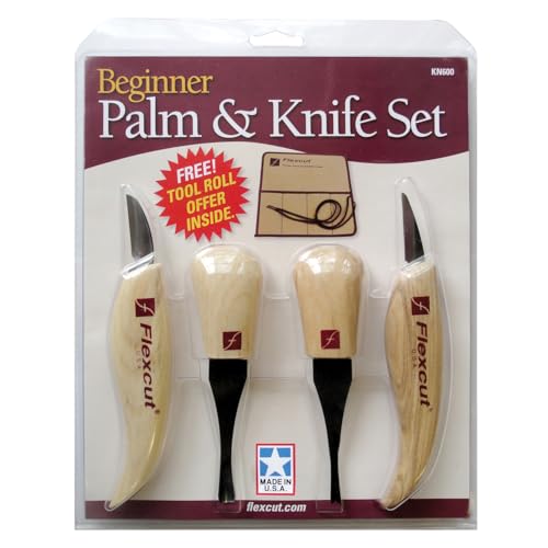 Image of Flexcut Wood Carving Tools| Beginner Palm & Knife Set | 1095 High Carbon Steel Blades| Ergonomic Ashwood Handles | KN600 | Made in the U.S.A.