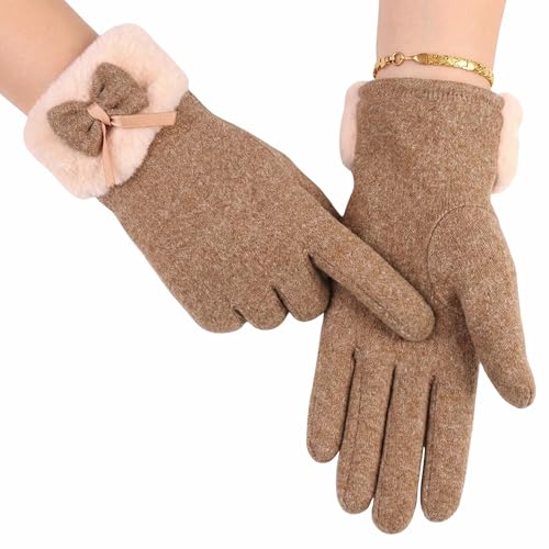 Image of Kraptick Women's Winter Woolen Gloves - Premium Thermal Fleece Lined Touchscreen Hand Warmer Gloves for Cold Weather, Cycling & Driving Soft Fur Cable Knit Elastic Mittens (Free Size, Purple Bow)-6