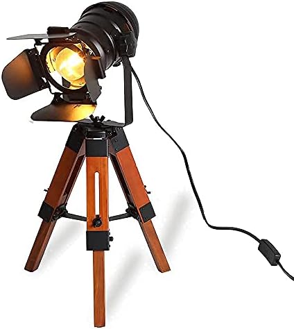Modern Industrial Vintage Tripod Floor Table Lamp - Metal Wooden Nautical Cinema Standing Searchlight - Reading Desk Light for Living Room Movie Theatre Decoration Adjustable Height (Black+Wood)