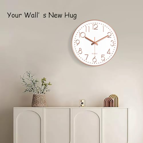 Image of Modern Silent Wall Clock - 12 Inch Wall Clocks Battery Operated Large Number, Non-Ticking Analog Clock with Tempered Glass Quartz Clocks for Living Room Bedroom Office Kitchen, Rose Gold