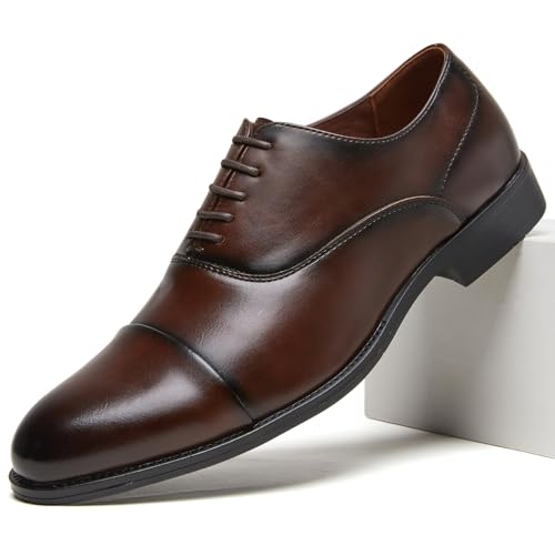 Mens Cap-Toe Oxford Leather Dress Shoes Classic Lace-Up Formal Shoes with Polished Finish Casual Business & Wedding Footwear (DARK BROWN Adult Men 44 Numeric EU Footwear Size System Medium)