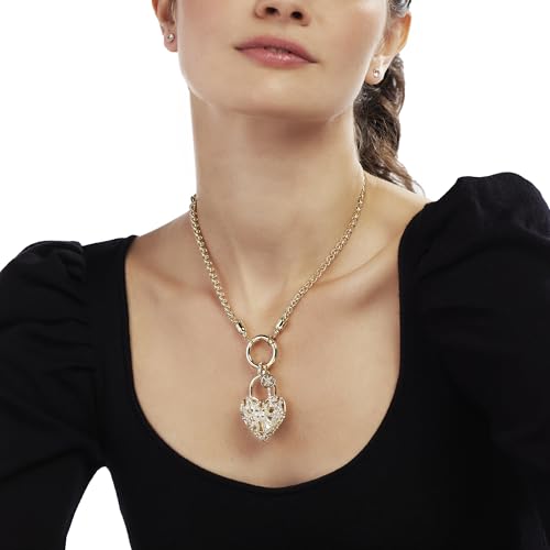 JTV Gold Tone Heart Lock & Key Necklace for Women – White Crystal & Pearl Simulant Pendant with Interchangeable Chains – Elegant Jewelry Gift Box Included4
