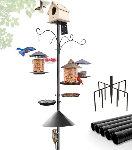 eWonLife 92 Inch Bird Feeder Pole with Squirrel Baffle & Upgraded 9-Prong Base, Adjustable Bird House Pole for Outdoors Heavy Duty, Birdhouse Stand Post Station with 4 Shepherd Hooks, Birdbath, Tray