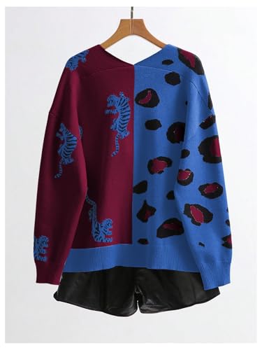 Image of WDIRARA Women's Leopard Tiger Print Cardigan V Neck Long Sleeve Color Block Button Down Sweater Outwear