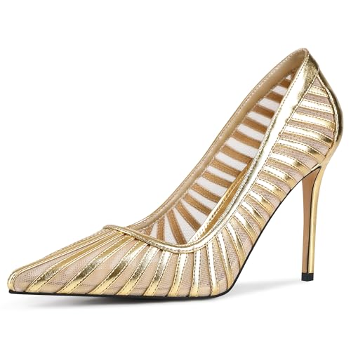 GPXGPX Women Gold Pumps Pointed Toe Heels Closed Toe Mesh Pumps High Stiletto Heels Dress Office Work Prom Shoes for Women Size 7