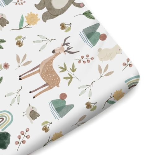 Image of Spring Animals Fitted Baby Crib Sheet for Boys Girls 52 inchx28 inch Bear Deer Bunny Birds Trees Flower Leaves Soft Stretchy Nursery Bed Sheets Fits Standard Crib and Toddler Bed Mattresses