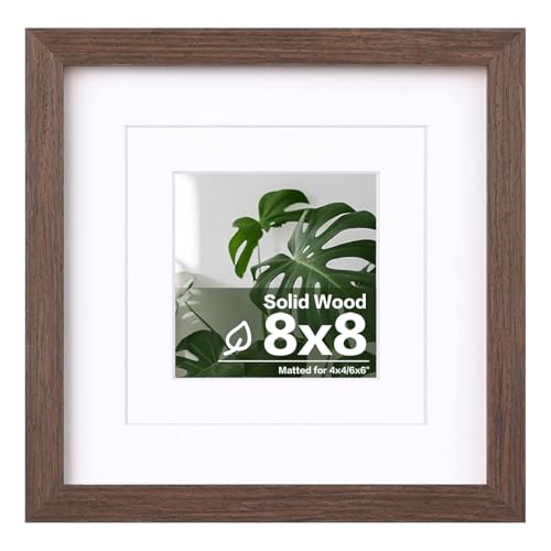 Egofine 8x8 Picture Frame Made of Solid Wood with Plexiglass, Display Pictures 4x4/6x6 with Mat or 8x8 Without Mat for Tabletop and Wall Mounting, Rustic Brown