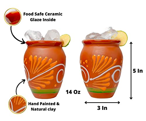 Cantaritos De Barro Jarritos Mexicanos - Set Of 2 Authentic Mexican Glazed Clay Mugs 14 Oz For Drink Micheladas, Margaritas & Tequila Special For Taco Tuesday & Mexican Parties (Clay Orange Decor) #TOP2