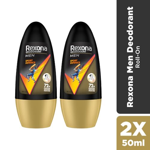 Image of Rexona Men Sport Defence Underarm Roll-On Deodorant | 72 Hours Odour Protection with Fresh Masculine Scent | 50ML (Combo Pack of 2) | 0% Alcohol, Safe on Skin