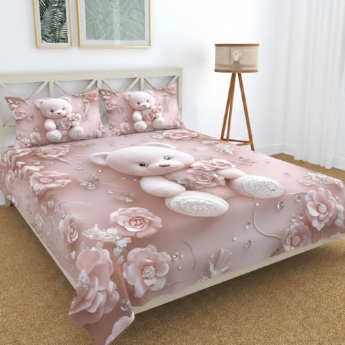 Image of Premium 7D Printed King Size Bedsheet Set with Pillow Covers Soft Cotton Blend Double Bedsheet for Home (Pillow Covers :18x28 inches Bedsheet :90x100 Pink Teddy)