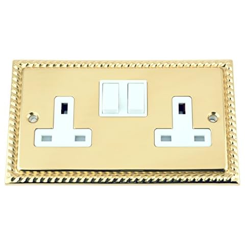 A5 Socket 2 Gang - Polished Brass Georgian - White Insert Plastic Switch - 13A Double Wall Plug Socket Cover