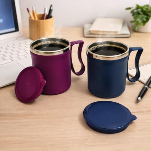 Image of Insulated Stainless Steel Coffee Mug with Lid, 300ml, Double Wall, Reusable Travel Mug for Home & Office (Purple - Navy Blue)