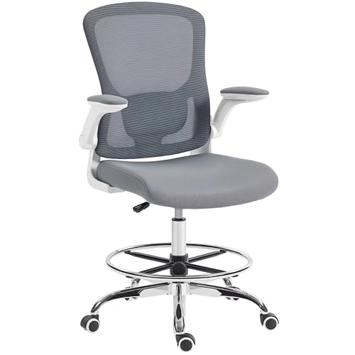HOMCOM Draughtsman Chairs with 4D Lumbar Support Ergonomic Mesh Tall Office Chair with Flip-up Armrests and Adjustable Footrest 360 Degree Swivel Task Stool Home Office Charcoal Grey
