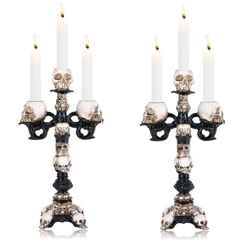 QLFJ-FurDec Skull Candle Holder for Halloween Decoration, Resin Gothic Skeleton Head Candlestick for Pillar Candle, Retro Spooky Desktop Tealight Cup for Christmas Home Office Party Cover