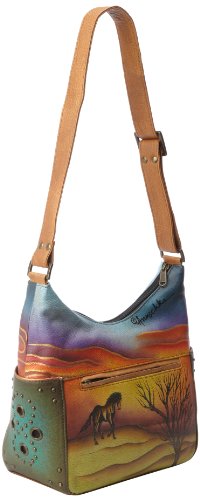 Image of Anuschka Women's Genuine Leather Shoulder Bag | Hand Painted Original Artwork | Classic Hobo With Studded Side Pockets | Genuine Leather