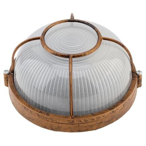 RTNLIT 7inch Sauna Light, Nautical Bulkhead Light Fixture, Antique Copper Outdoor Wall Light Fixture for Ceiling Mount, Wet Location (Grid Round, Frosted Glass Lens, E27 Base) Cover