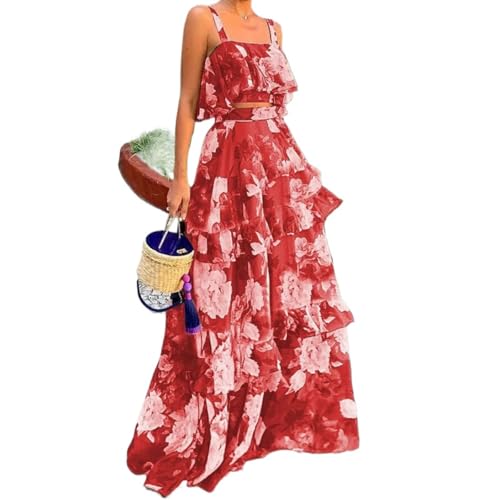 Conjunto De Vestido Floral De Dos Piezas para Mujer, Top con Volantes Y Maxifalda Escalonada, Azul Marino con Rosas (Red,S)