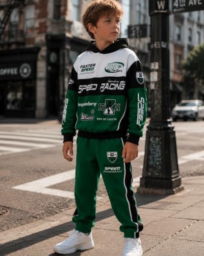 Image of Boy 2 Piece Outfits Long Sleeve Racing Hoodie Top and SweatPants Fall Winter Clothing Set Sizes 5-12 Years