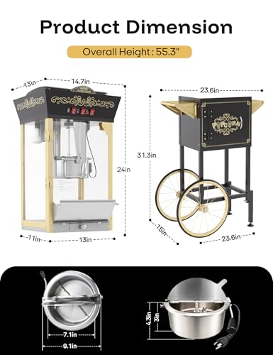 Image of 12oz Popcorn Machine with Cart, Movie Theater Style Popcorn Maker