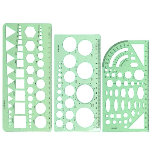 Unlorspy 3 peças de molde de círculo, escama de plástico verde transparente, conjunto de desenho digital, desenhos geométricos, réguas, adequado para material de escritório escolar (estilo 3)
