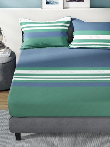 Image of NAUTICA Super Soft Cotton King Bedsheet with 2 Pillow Covers -3Pc Set (Bradford) Stripe-Blue /Green,160 TC
