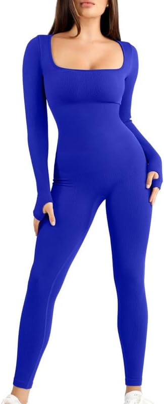 Popilush Jumpsuits for Women Long Sleeve Built-In Bra Square Neck Full Length Leggings Bodycon Stretch Workout Outfits