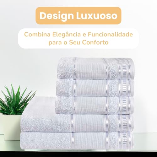 Jogo c/ 5 Toalhas - 2 Banho 125cm x 65cm + 3 de Rosto 65cm x 45cm - Kit Hipoalergênica 100% Algodão