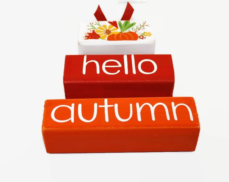 Miniatura 4 de Pumpkin Hello Autumn WoodenBlock Shelf Sitter Stack Tiered Tray Office Mantel Sign Décor Fall Red Orange