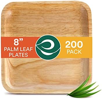 ECO SOUL 100% Compostable 8 Inch Square Palm Leaf Plates [200-Pack] I Premium Disposable Plates Set I Heavy Duty Eco-Friendly Bamboo Plates Disposable I Square Disposable Plates