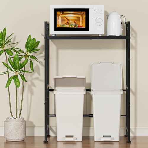 キッチンラック レンジラック 幅38－60cm ゴミ箱上ラック スチール製 伸縮式 冷蔵庫上収納 キッチン多機能収納棚 炊飯器置き場 塵箱上 kitchen rack 組み立て式 (黒)