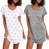 Ekouaer Damen Nachthemden Kurzarm Schlafshirt Zweiteiliger Sleepshirt Print Schlafhemd Nachtwäsche Grau Schleife + Kirsche XXL