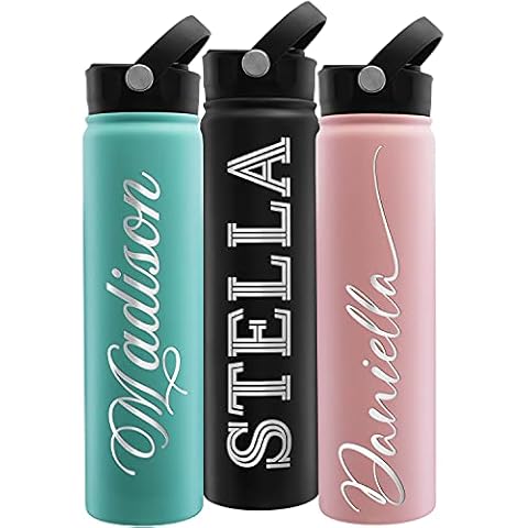 Lara Laser Works Personalized Water Bottle with Straw Lid, 24 Oz. & 9 Colors - Birthday Gifts for Women | Custom Stainless Steel Sports Water Bottle w/Name, Text - Double Wall Insulated Cover