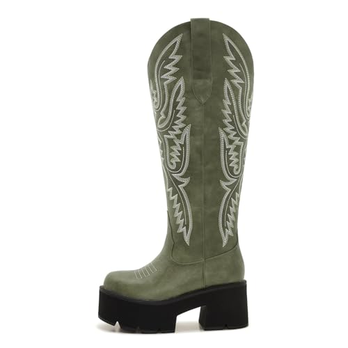 Image of Uillnoodu Wide Calf Cowboy Boots Women Adjustable Lace Up Knee High Tall Plus Size Cowgirl Boots Western Style Comfortable 2-Inch Heel