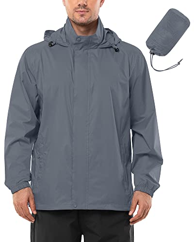 Outdoor Ventures Mens Lightweight Waterproof Jackets, Packable Rain Jacket Breathable Windproof Raincoat Adjustable Hiking Outdoor Jacket Dark Grey XL