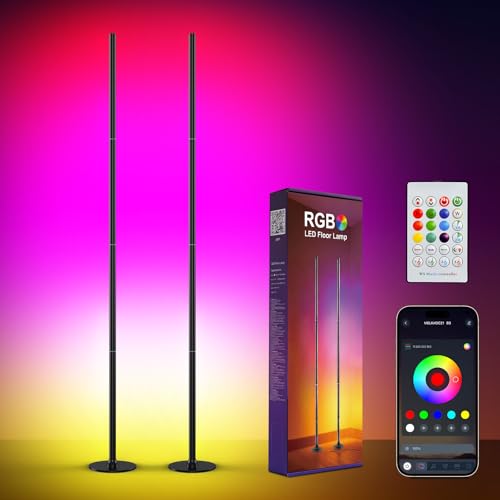 LEACUBER Smart RGBICW LED Corner Floor Lamp 2 Pack, App & Remote Control, 16 Million DIY Colors, Music Sync, Modern Color-Changing Ambient Lighting Standing Lamp for Living Room, Bedroom, Gaming Rooms