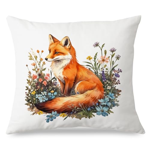 JINYO Floral Fox Pillow Covers 18x18 Inches, Fox Decor, Cottagecore Wildflower Botanical Fox Pillow Covers, Cottagecore Home Room Decor, Forset Animal...