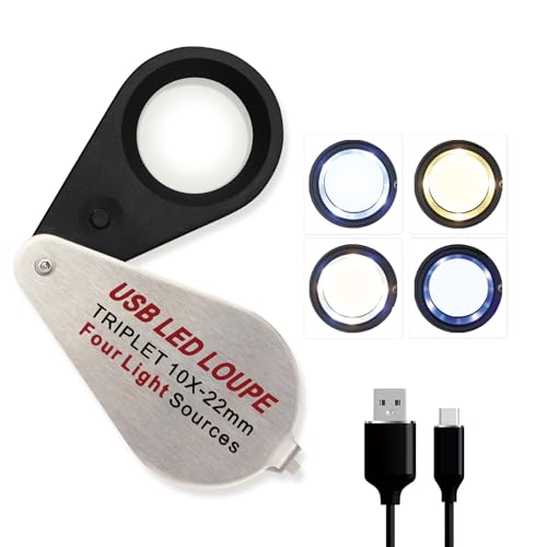 10X Rechargeable Jewelers Loupe with UV & LED Lights Four Light Modes Illuminated 22mm Eye Loop Magnifier Pocket Folable Jewelry Magnifying Glass for Jewelry Currency Gemstone Coins Stamps