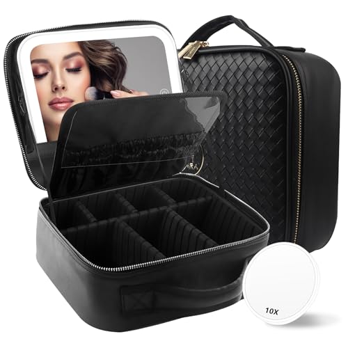 Image of MOMIRA Travel Makeup Bag Cosmetic Bag Makeup Organizer Bag with Lighted Mirror, Adjustable Brightness in 3 Color Scenarios, Waterproof Makeup Train Case, Gift for Women - Woven black