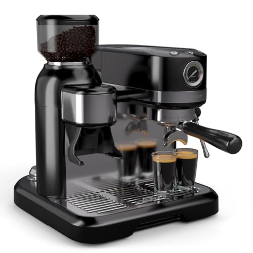 KLARSTEIN Bella Café Cafetera Espresso – 19 Bares, 1550W, Molinillo Integrado 200g, Espumador de Leche, Depósito 1,4L, Thermo Block, 2 Tazas, Negra