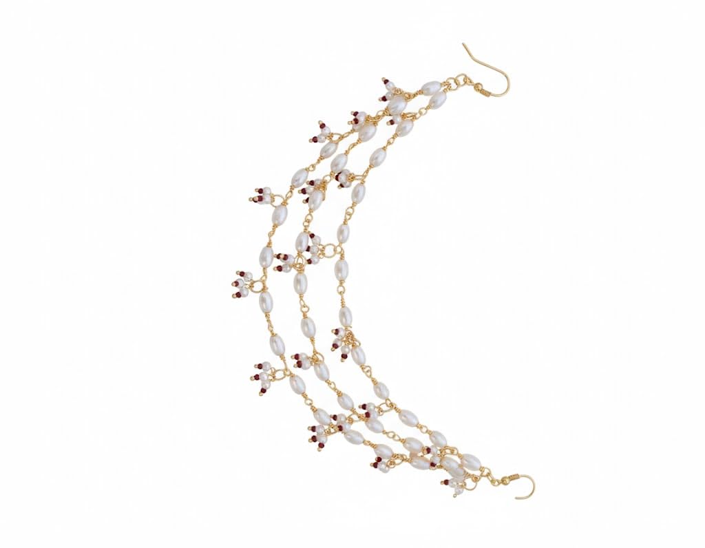 Gold Plated White & Maroon Pearl Brass Hair Chain for Women | Bridal Head Jewellery Hair Accessory | Elegant Pearl Hair Ornament for Wedding Party Festival Wear | Trendy Traditional Hair Chain Gift for Girls Ladies-image-38
