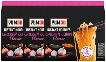 Yumsu Instant Chicken Curry Ramen Noodles 5 x 70g Assorted Pack Spicy Asian Flavour, Halal Dried Noodles, Quick & Easy Meal, Authentic Curry Soup Base Pack of 15