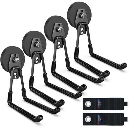 Image of 3-H Extra Strong Magnetic Hooks,Heavy Duty Large Anti-Slip Magnet Hooks U Shape,No-Drill Tool Holder for Garage,Power Drill,Garden Tools,Hose Storage,4 Pack Black