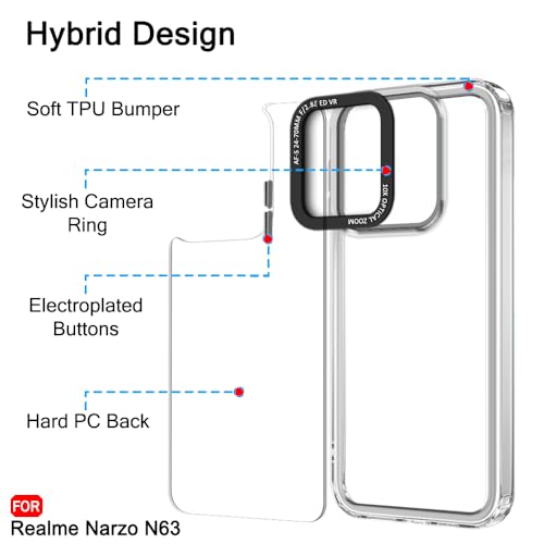 Image of TheGiftKart Hybrid Shockproof Back Cover Case for Realme C63 / Narzo N63 | Stylish Camera Border | Electroplated Buttons | Crystal Clear Hard Back Cover Case (TPU & PC, Transparent Bumper)
